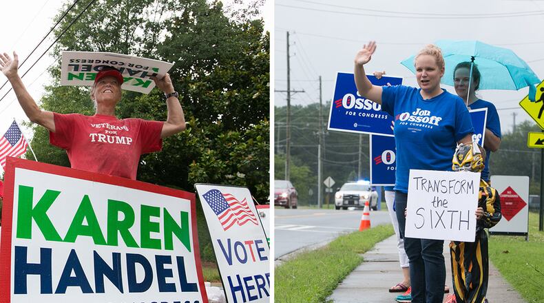 Karen Handel and Jon Ossoff supporters hold campaign signs outside of the East Cobb Government Center on June 20, 2017 in Marietta, Georgia. (Photo by Jessica McGowan/Getty Images)