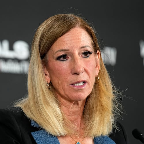 FILE - WNBA commissioner Cathy Engelbert speaks prior to Game 1 of a WNBA basketball final playoff series between the Las Vegas Aces and the Phoenix Mercury, Oct. 3, 2025, in Las Vegas. (AP Photo/John Locher, File)