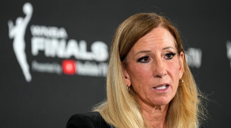 FILE - WNBA commissioner Cathy Engelbert speaks prior to Game 1 of a WNBA basketball final playoff series between the Las Vegas Aces and the Phoenix Mercury, Oct. 3, 2025, in Las Vegas. (AP Photo/John Locher, File)