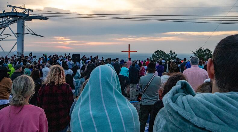 Thousands attend Easter sunrise service atop Stone Mountain on Sunday, April 20, 2025.  (Jenni Girtman for The Atlanta Journal-Constitution)