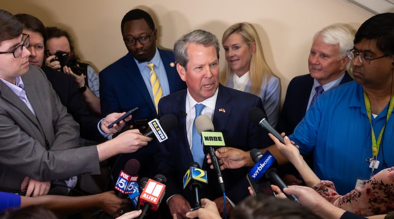 Gov. Brian Kemp answers questions from the media on Tuesday after he signed a $36.1 billion budget for fiscal 2025, which begins July 1. (John Spink/AJC)