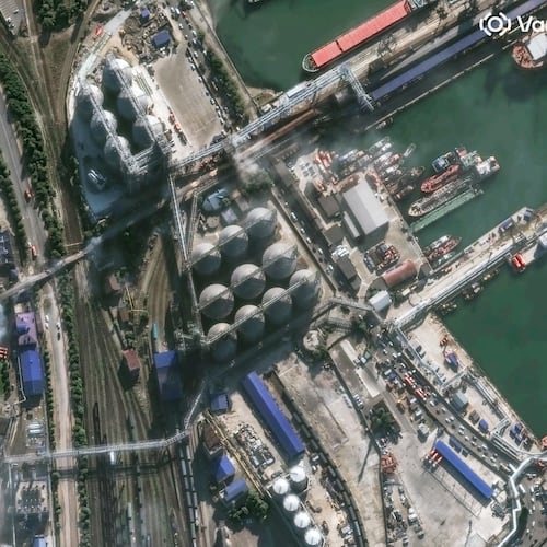 This image provided by Vantor shows smoke in an overview of port infrastructure in Novorossiysk, Russia, Wednesday, Aug. 12, 2026. (Satellite image ©2026 Vantor via AP)