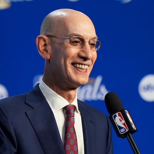 NBA Commissioner Adam Silver speaks prior to Game 1 of the NBA Finals basketball series between the New York Knicks and the San Antonio Spurs, Wednesday, June 3, 2026, in San Antonio. (AP Photo/Eric Gay)