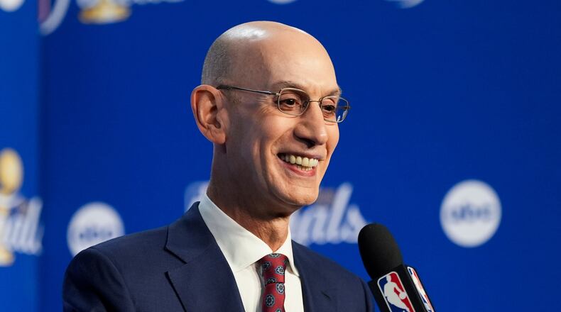 NBA Commissioner Adam Silver speaks prior to Game 1 of the NBA Finals basketball series between the New York Knicks and the San Antonio Spurs, Wednesday, June 3, 2026, in San Antonio. (AP Photo/Eric Gay)