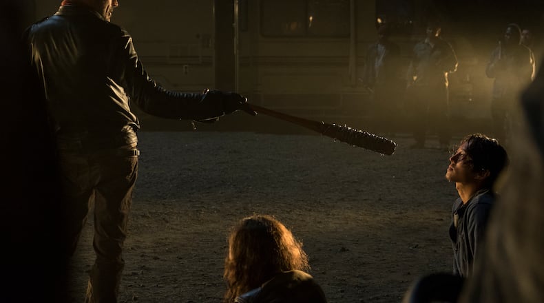 Jeffrey Dean Morgan as Negan, Steven Yeun as Glenn Rhee - The Walking Dead _ Season 7, Episode 1 - Photo Credit: Gene Page/AMC