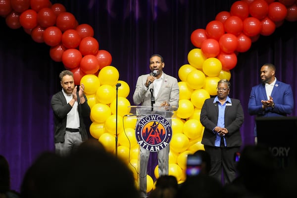 Atlanta Mayor Andre Dickens speaks during the  Showcase Atlanta Workforce Expo at the Georgia World Congress Center, Thursday, Mar. 5, 2026, in Atlanta. Kelsey Maynor stands at the far right. (Jason Getz/AJC)