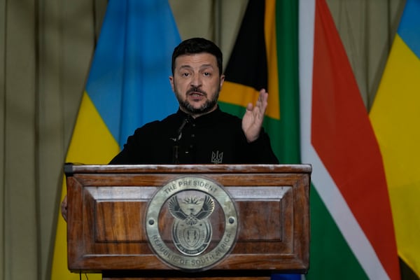 Ukrainian President Volodymyr Zelenskyy addresses a news conference at the Union Buildings in Pretoria, South Africa, Thursday, April 24, 2025 with South Africa's President Cyril Ramaphosa. (AP Photo/Themba Hadebe)