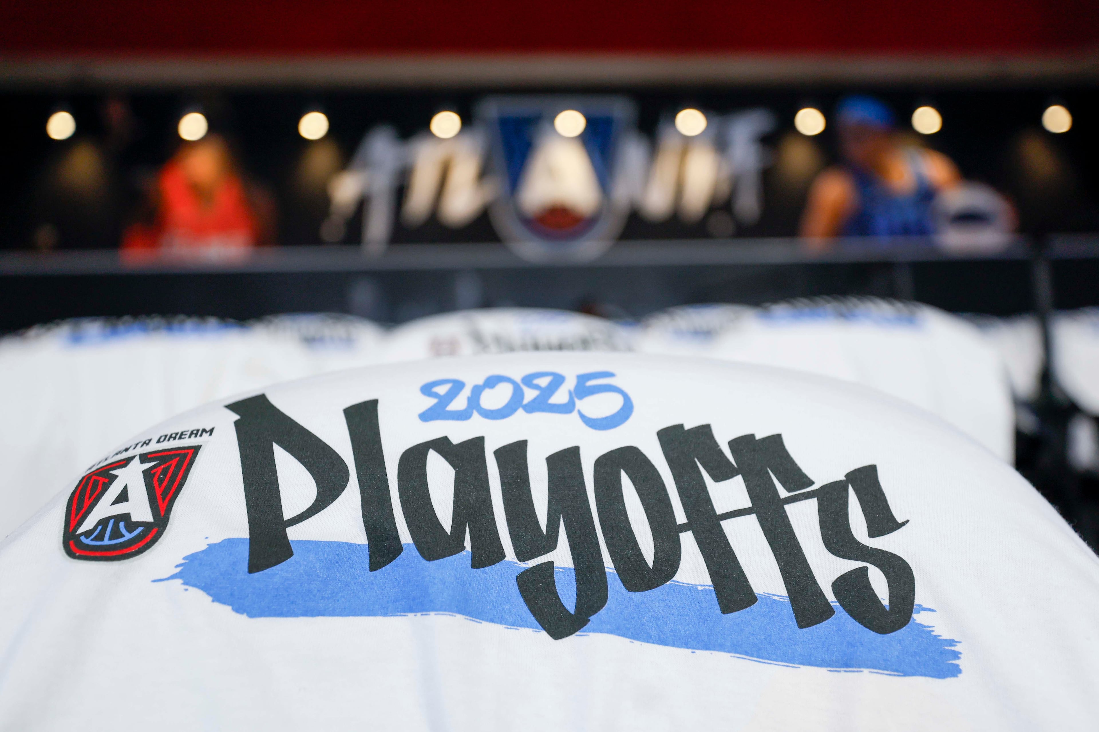 Playoff t-shirt is seen on the seat at the Gateway Center Arena prior to the first-round playoff game between the Atlanta Dream and the Indiana Fever on Sunday, Sept. 14, 2024, in Atlanta.
(Miguel Martinez/ AJC)