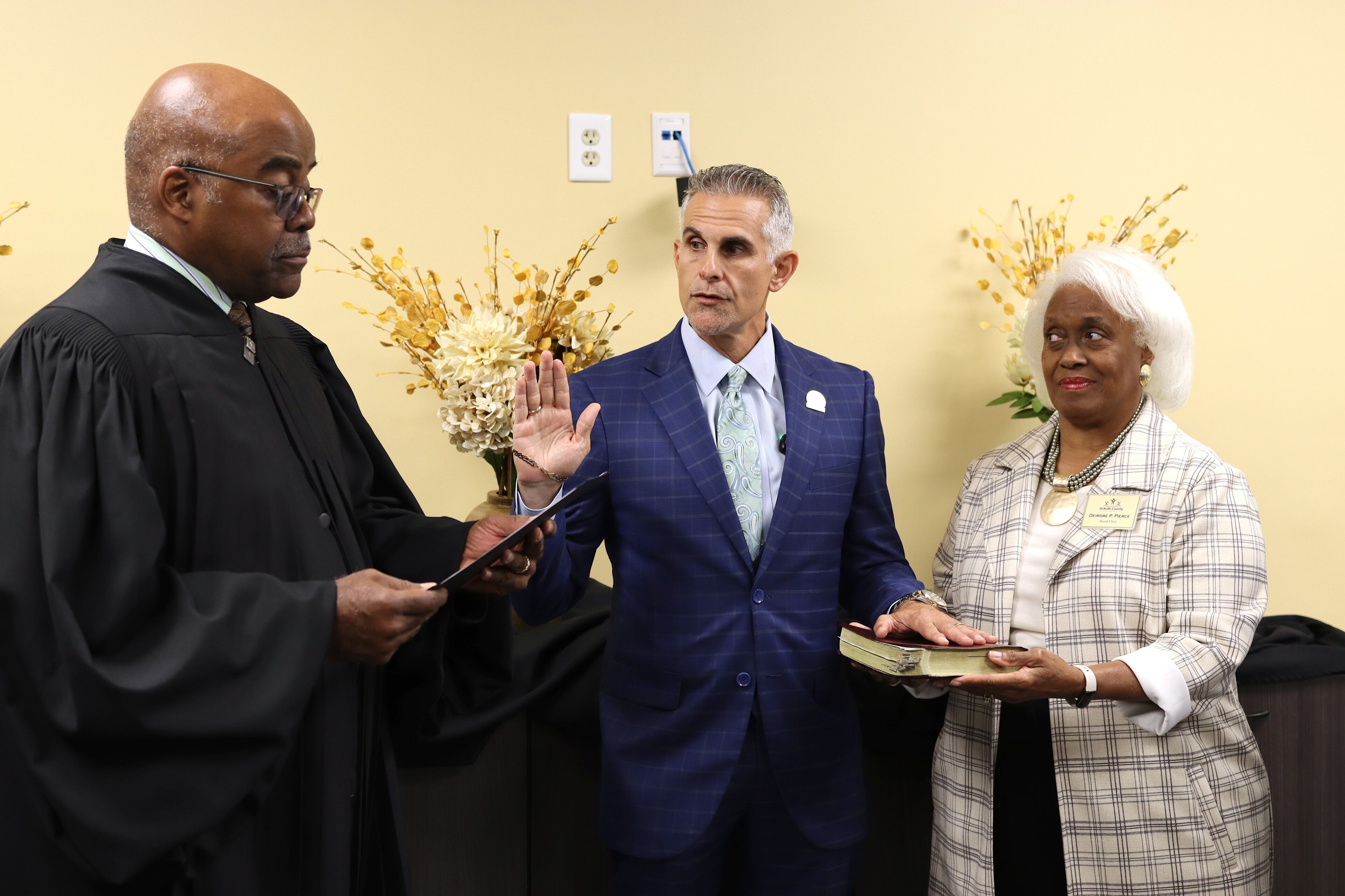 Norman C. Sauce III is sworn in as acting superintendent of the DeKalb County School District on Oct. 10, 2025. He was appointed to the position after Devon Horton was accused in a federal indictment of financial crimes in his last job and placed on administrative leave. (Photo courtesy DeKalb County School District)