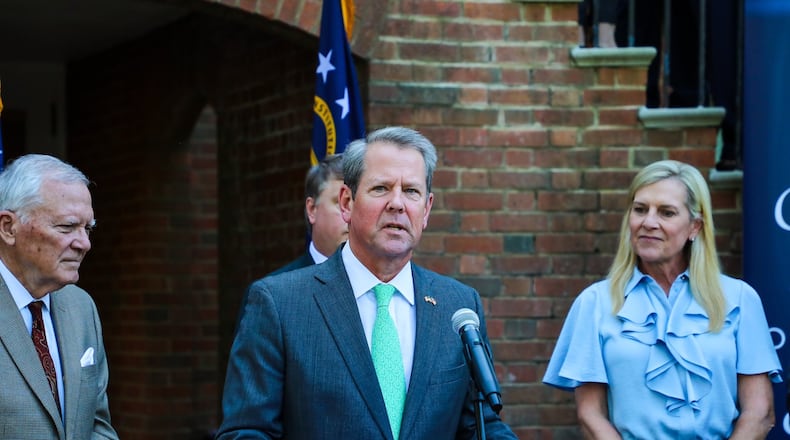 In October 2023, Gov. Brian Kemp joined former Gov. Nathan Deal and first lady Marty Kemp to tout the state’s economy at the Governor’s Mansion. He also celebrated Georgia's designation by Area Development magazine as the top state for business for the 10th consecutive year. (AJC file photo)