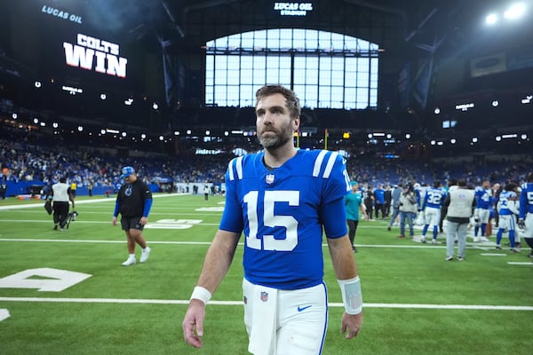 FILE - Indianapolis Colts quarterback Joe Flacco walks from the field after an NFL football game against the Jacksonville Jaguars, Sunday, Jan. 5, 2025, in Indianapolis. (AP Photo/Michael Conroy, File)