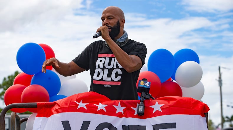 Rapper, actor and writer Common speaks before the Souls to the Polls caravan at The Purple Church, one of many events in Miami prior to the elections, on Sunday, Oct. 25, 2020. (David Santiago/Miami Herald/TNS)