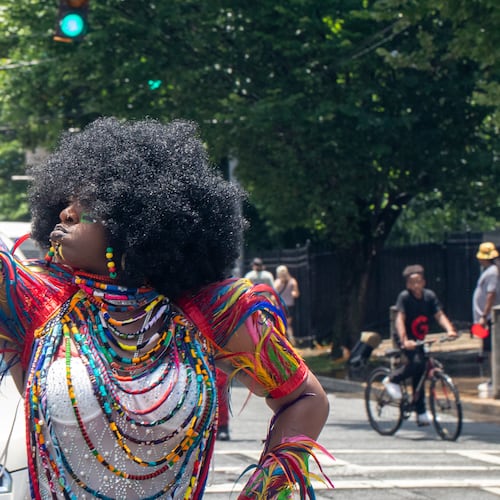 Coffee Rice performs in the Juneteenth Parade on Monroe Drive in Atlanta on Saturday, June 14, 2025, on the way to Piedmont Park. (Jenni Girtman for the AJC)
