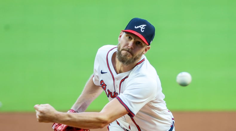 Braves starting pitcher Chris Sale (51) delivers to a Colorado Rockies batter in the first inning at Truist Park on Tuesday, Sept. 3, 2024, in Atlanta. 
(Miguel Martinez/ AJC)