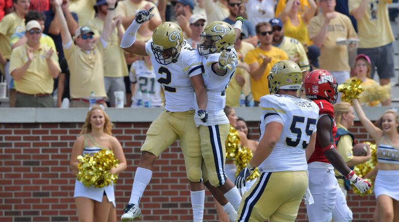 Georgia Tech wide receiver Ricky Jeune (2) and quarterback TaQuon Marshall (16) celebrate a first half touchdown during the Jackets’ home opener against Jacksonville State at Bobby Dodd Stadium Saturday, Sept. 9, 2017, in Atlanta.