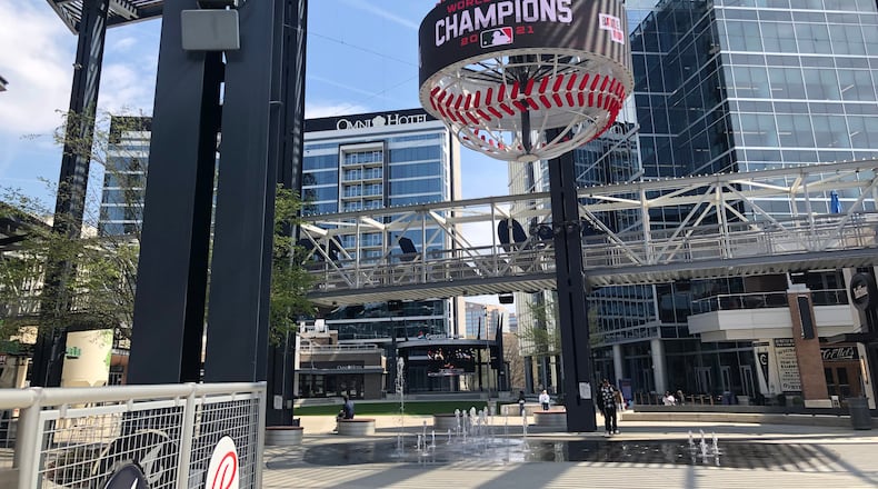 A scene at The Battery Atlanta on March 28. The Braves will open the 2022 season at home April 7. (Photo by Tim Tucker/AJC)