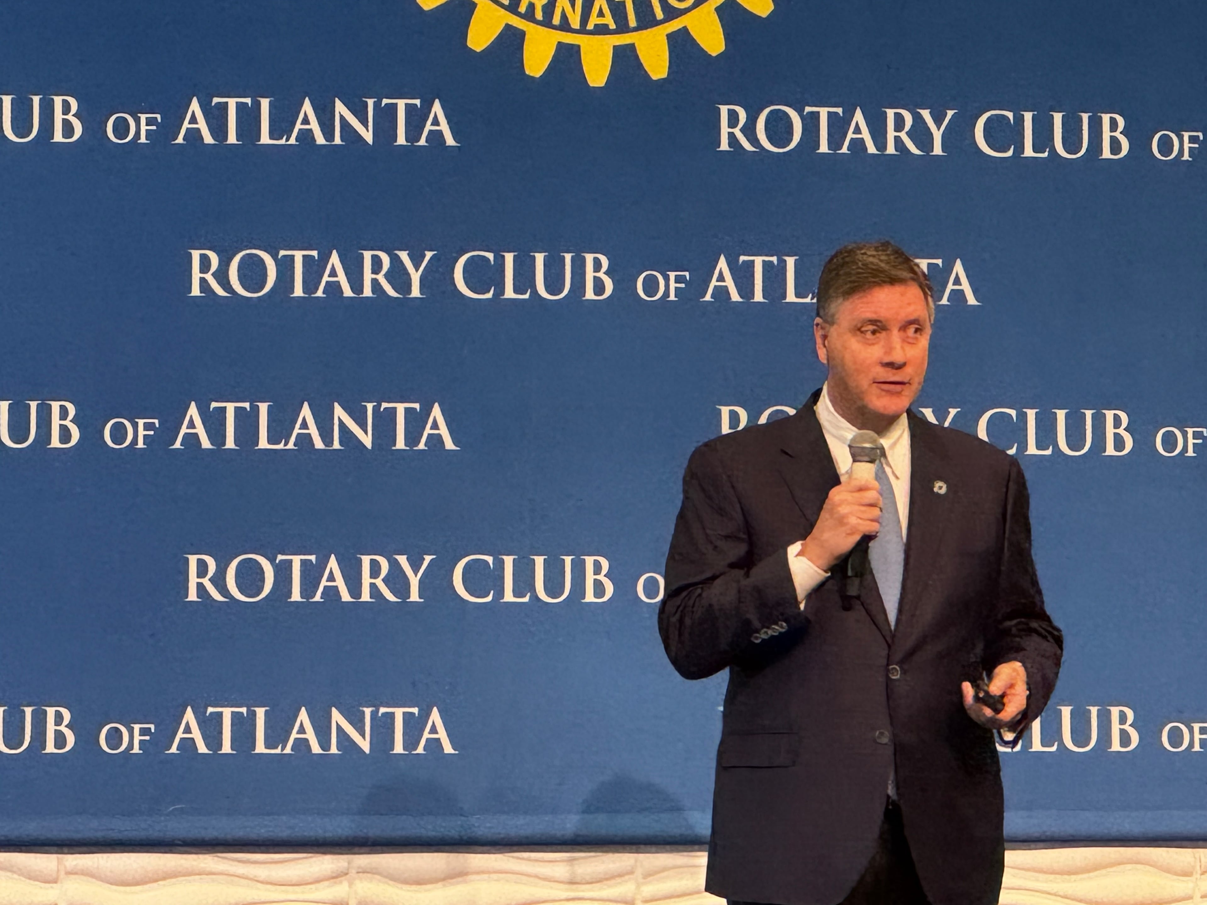 Georgia Ports Authority President and CEO Griff Lynch — pictured speaking to the Atlanta Rotary Club on Monday, Sept. 15, 2025 — predicted earlier this year that Savannah and other big ports would fare well once the trade disruption ended. (Adam Beam/AJC)