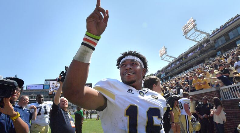Georgia Tech quarterback TaQuon Marshall (16) celebrates the Jackets’, 37-10, victory over Jacksonville State Saturday, Sept. 9, 2017, at Bobby Dodd Stadium in Atlanta.