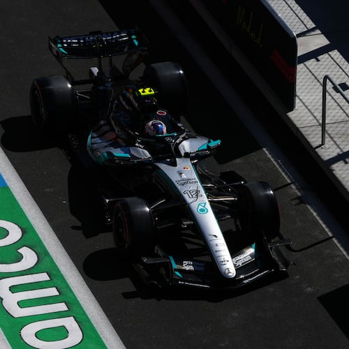 Mercedes driver Andrea Kimi Antonelli of Italy steers his car during the third free practice ahead of the Spanish Formula One Grand Prix in Madrid, Saturday, Sept. 12, 2026. (AP Photo/Manu Fernandez)