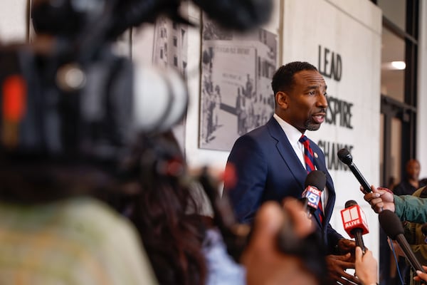 Atlanta Mayor Andre Dickens speaks to the media following the ribbon cutting ceremony for The Atlanta Public Safety Training Center’s grand opening on Tuesday, April 29, 2025. (Natrice Miller/ AJC)