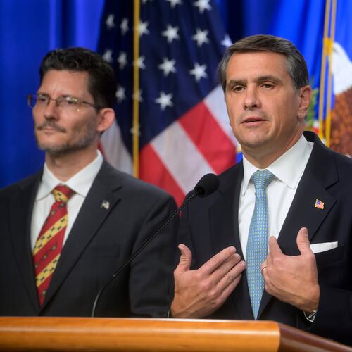 Acting Attorney General Todd Blanche, right, is joined by Deputy Assistant Secretary of the Department of State's Bureau of International Narcotics and Law Enforcement Affairs, Ambassador Michael C. Gonzales, left, during a news conference at the Department of Justice, Wednesday, August 5, 2026 in Washington. (AP Photo/Rod Lamkey, Jr.)