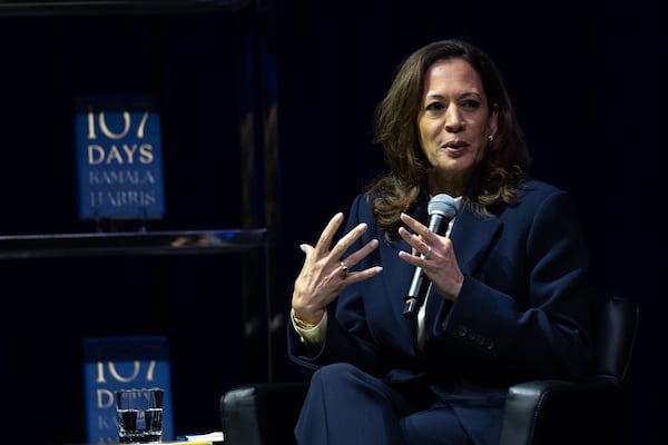 Former Vice President Kamala Harris speaks during a tour for her new book “107 Days” at the Tabernacle in Atlanta on Wednesday, Oct. 8, 2025. (Arvin Temkar/AJC)