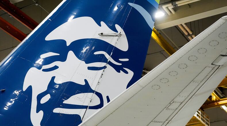 FILE - An Alaska Airlines aircraft sits in the airline's hangar at Seattle-Tacoma International Airport, Jan. 10, 2024, in SeaTac, Wash. (AP Photo/Lindsey Wasson, File)