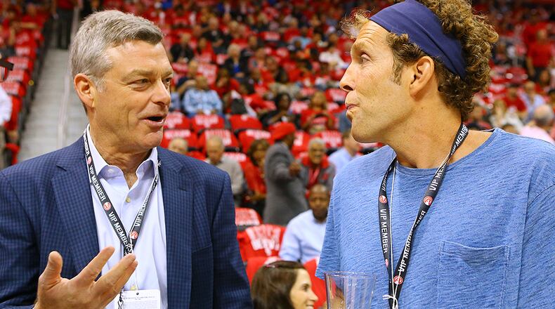 Prospective Hawks owners Tony Ressler (left) and Jesse Itzler are on hand to watch the Hawks play the Nets in Game 5 of their first round playoff matchup on Wednesday, April 29, 2015, in Atlanta.