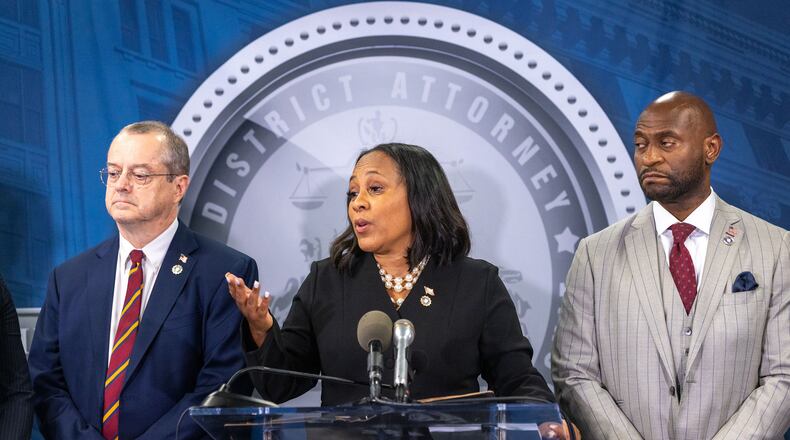 Fulton County District Attorney Fani Willis speaks at a news conference at Fulton County Government Center in Atlanta on Monday, Aug. 14, 2023, following the indictment of former President Donald Trump and others. (Arvin Temkar/The Atlanta Journal-Constitution/TNS)