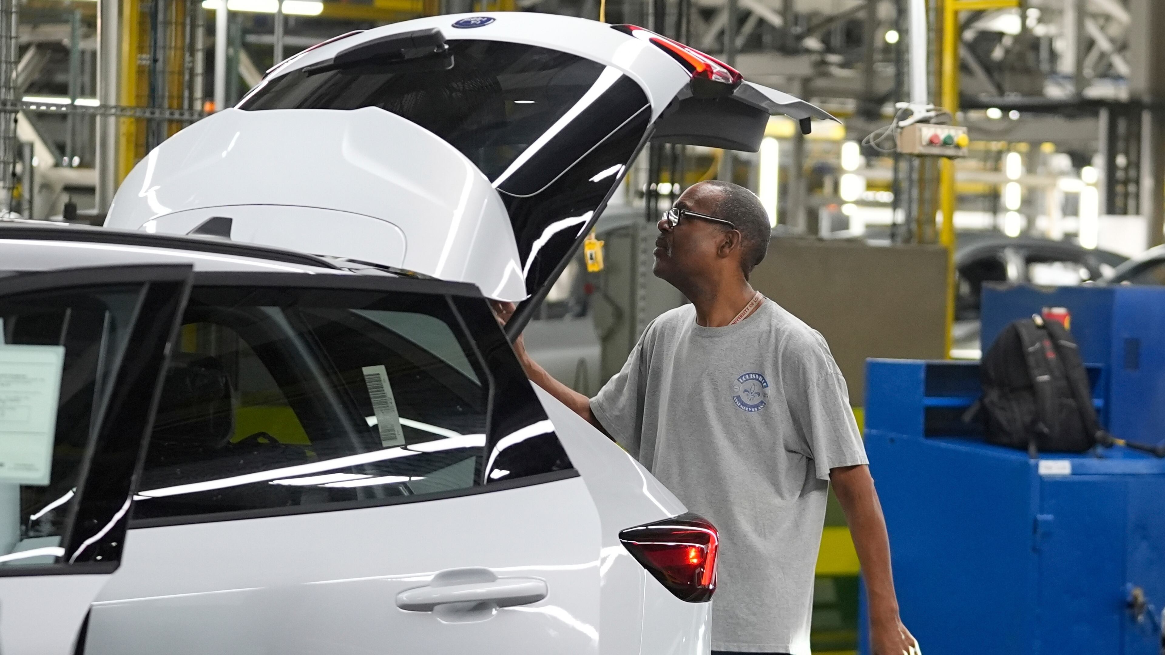 A Ford vehicle is shown on the assembly line at the Ford Louisville Assembly Plant, Monday, Aug. 11, 2025, in Louisville, Ky. (AP Photo/Darron Cummings)