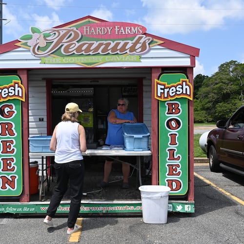 Timmi Moore, peanut stand manager, helps customer Leigh Ann Edenfield at one of Hardy Farms Peanuts’ roadside stands in Warner Robins. Hardy Farms Peanuts, which also sells to supermarkets, has cornered the Middle Georgia roadside peanut stand market. (Hyosub Shin/AJC)