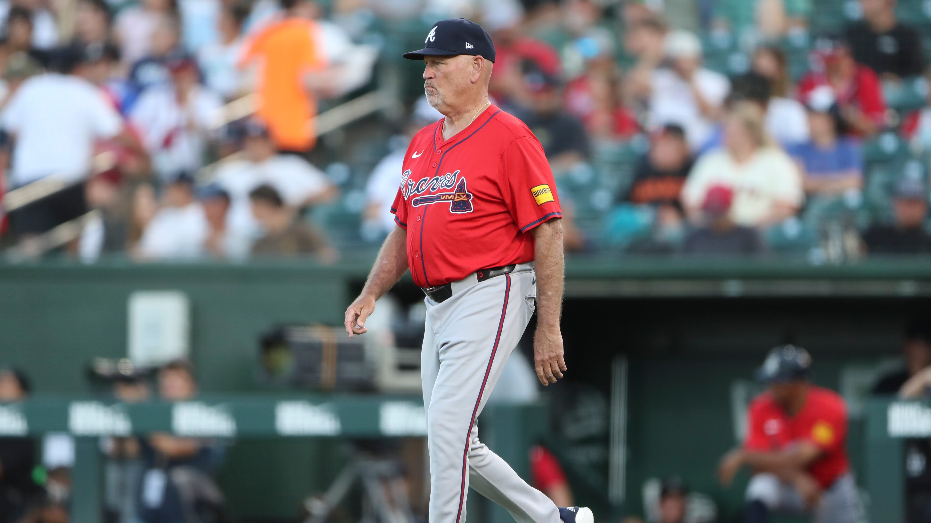 Atlanta Braves manager Brian Snitker comes out to make a pitching change during the second inning of a baseball game against the Athletics, Tuesday, July 8, 2025, in West Sacramento, Calif. (AP Photo/Scott Marshall)