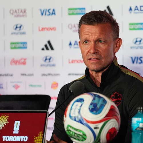 Canada head coach Jesse Marsch speaks during a press conference, Thursday, June 11, 2026, in Toronto, on the eve of the team's World Cup soccer match against Bosnia. (AP Photo/Stephanie Scarbrough)