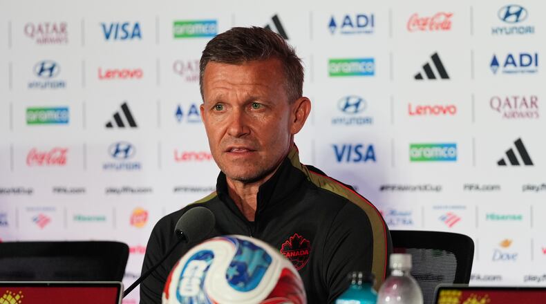 Canada head coach Jesse Marsch speaks during a press conference, Thursday, June 11, 2026, in Toronto, on the eve of the team's World Cup soccer match against Bosnia. (AP Photo/Stephanie Scarbrough)