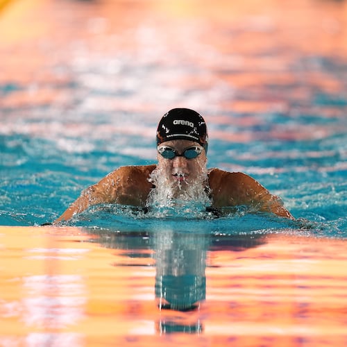 Kate Douglass, of the United States, competes in the women's 100 meters breaststroke final at the Pan Pacific Swimming Championships Thursday, Aug. 13, 2026 in Irvine, Calif. (AP Photo/Gregory Bull)
