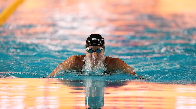 Kate Douglass, of the United States, competes in the women's 100 meters breaststroke final at the Pan Pacific Swimming Championships Thursday, Aug. 13, 2026 in Irvine, Calif. (AP Photo/Gregory Bull)