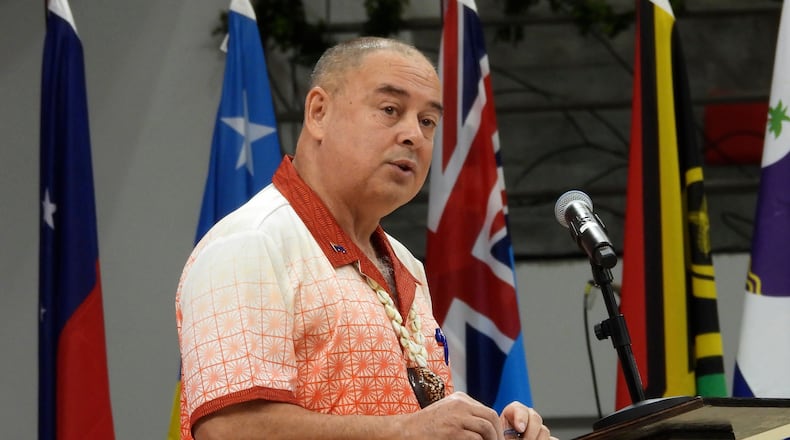 FILE - Cook Islands Prime Minister, and outgoing Chair of the Pacific Islands Forum, Mark Brown, speaks at the opening of the annual Pacific Islands Forum leaders meeting in Nuku'alofa, Tonga, Aug. 26, 2024. (AP Photo/Charlotte Graham-McLay, File)