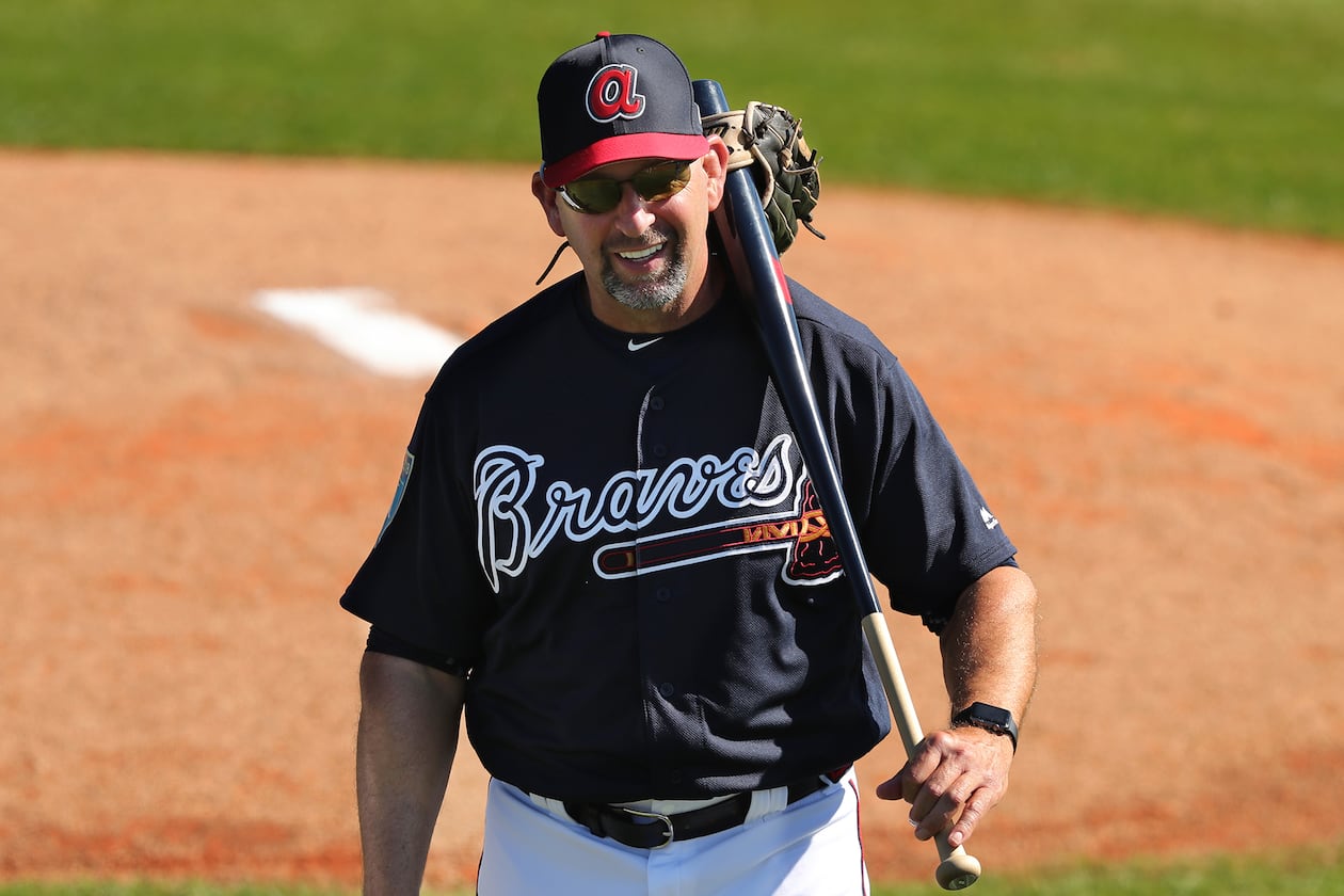 Hi-ho, hi-ho, Braves bench coach Walt Weiss and the tools of his trade report to another day of work at spring training. (Curtis Compton/AJC)