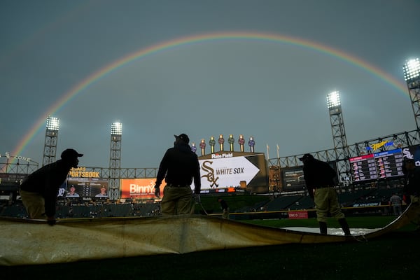 A double rainbow forms over Rate Field during a rain delay before a baseball game between the Detroit Tigers and Chicago White Sox, Wednesday, June 4, 2025, in Chicago. (AP Photo/Erin Hooley)