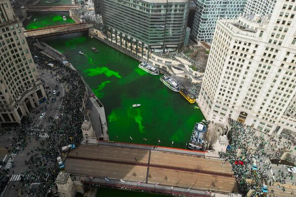 The Chicago River is dyed green as part of annual St. Patrick's Day festivities Saturday, March 15, 2025, in Chicago. (AP Photo/Erin Hooley)