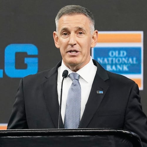 FILE - Big Ten Conference Commissioner Tony Petitti speaks during an news conference at the Big Ten Conference NCAA college football media days at Lucas Oil Stadium, July 26, 2023, in Indianapolis. (AP Photo/Darron Cummings, File)
