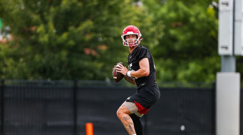 Georgia quarterback Carson Beck (15) during Georgia’s practice session in Athens, Ga., on Thursday, Aug. 3, 2023. (Tony Walsh/UGAAA)