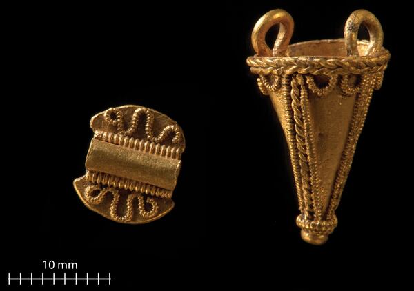 An image provided by Kirsten Helgeland, Museum of Cultural History, University of Oslo/Cc by-Sa 4.0, a gold pendant found near the Jell Mound, another site in Norway. Viking communities maintained extensive trade routes stretching into the Mediterranean. (Kirsten Helgeland, Museum of Cultural History, University of Oslo/Cc by-Sa 4.0 via The New York Times)-- NO SALES; FOR EDITORIAL USE ONLY WITH NYT STORY VIKING-SHIP BY JENNY GROSS FOR NOV. 11, 2020. ALL OTHER USE PROHIBITED. --.