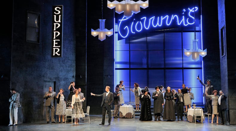 The set of the Atlanta Opera's "Don Giovanni," like this one from an earlier production by the Lyric Opera of Kansas City, instantly signals the film-noir take by director Kristine McIntyre.
