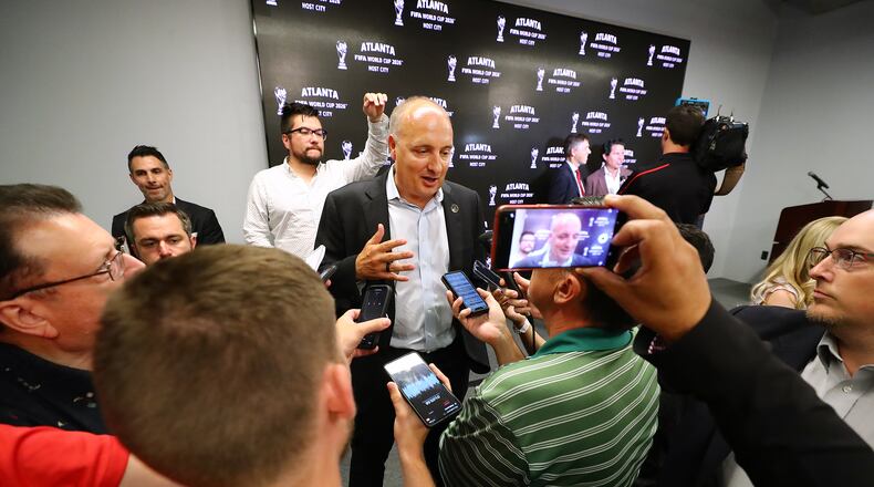 Darren Eales, at the time president of Atlanta United, takes questions during the announcement press conference for the 2026 World Cup at Mercedes-Benz Stadium on Thursday, June 16, 2022, in Atlanta. (AJC file photo/Curtis Compton)