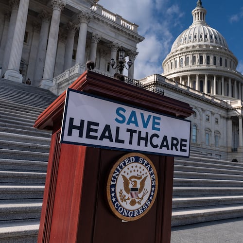 FILE - A lectern awaits the arrival of House Democrats to speak on the health care funding fight on the steps of the House at the Capitol in Washington, Nov. 12, 2025. (AP Photo/J. Scott Applewhite, File)