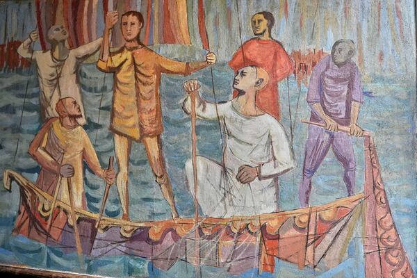 A fresco painted in the 1950s is seen on a wall at the South Solon Meeting House, Sunday, April 6, 2025, in Solon, Maine. (AP Photo/Robert F. Bukaty)