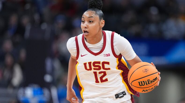 FILE - Southern California guard JuJu Watkins (12) plays against UCLA during the first half of an NCAA college basketball game in the championship of the Big Ten Conference tournament in Indianapolis, Sunday, March 9, 2025. (AP Photo/Michael Conroy, File)