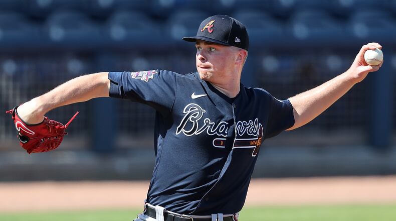 Atlanta Braves pitcher Sean Newcomb delivers against the Tampa Bay Rays during the third inning Sunday, Feb. 28, 2021, at Charlotte Sports Park in Port Charlotte, Fla. (Curtis Compton / Curtis.Compton@ajc.com)