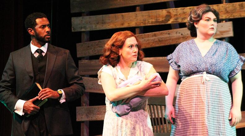 The cast of Georgia Ensemble’s Appalachian folk musical “Bright Star” includes Fenner Eaddy (from left), Liza Jaine and Tabitha Cheyenne.
Courtesy of Georgia Ensemble Theatre/Mary Saville